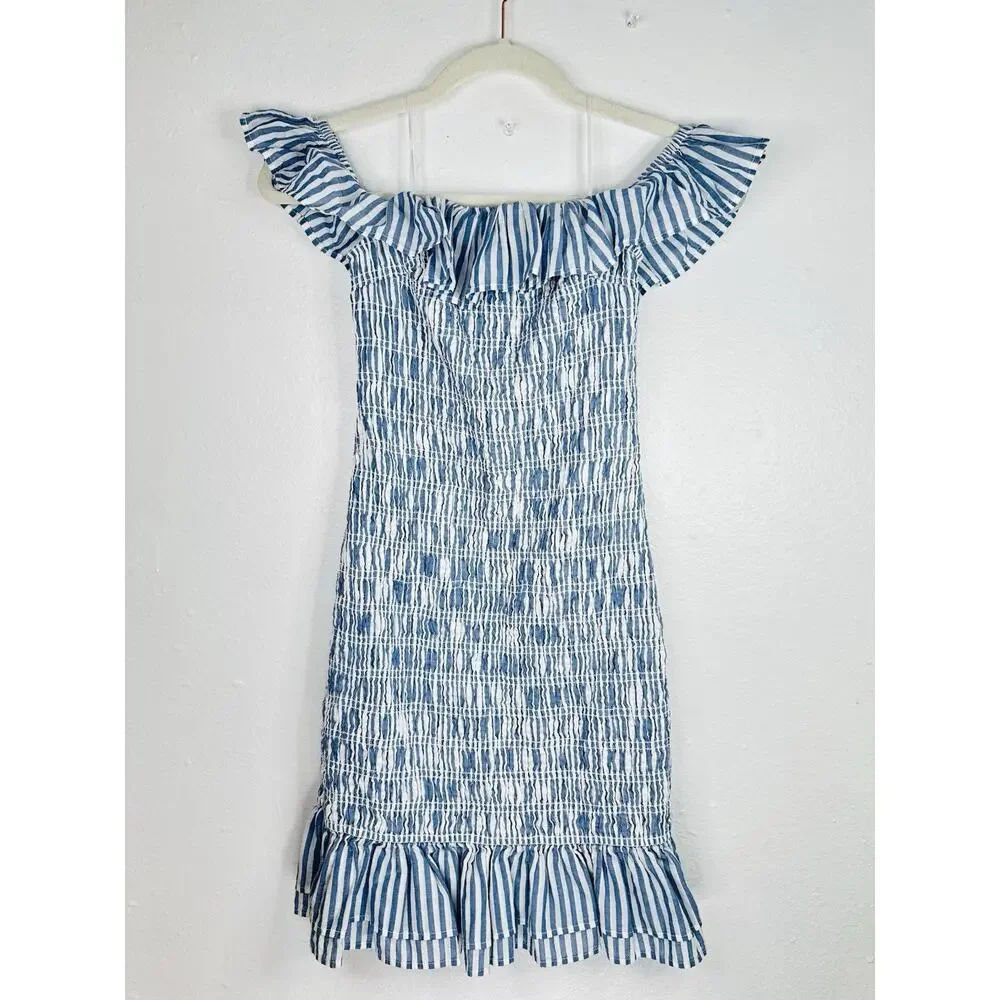Abercrombie Off The Shoulder Smocked Mini Dress Striped Size Small Tall Preppy - Picture 4 of 9